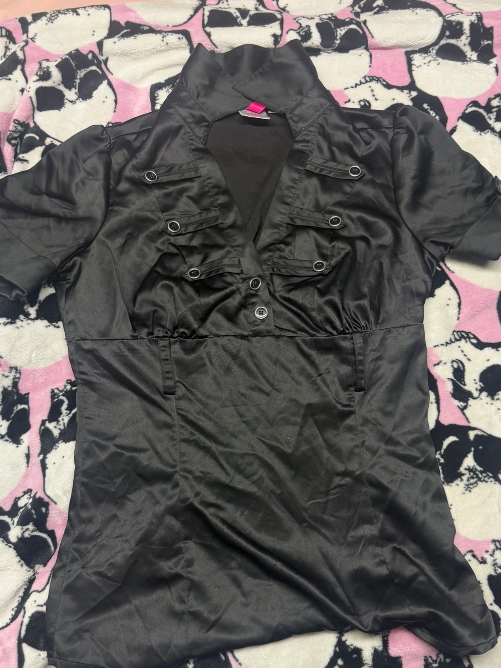 Heart Soul Black Satin Short-Sleeve Button-Front Blouse